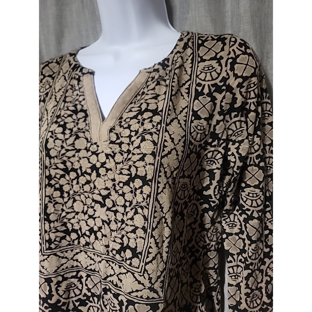 Lucky Brand Women Woodblock Floral Print Tunic Blouse Black Tan Small 3/4 Sleeve - Picture 2 of 4